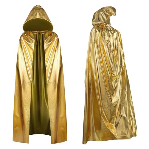 Aomig Gold Vampir Umhang Jedi Mantel Mittelalter Umhang mit Kapuze für Erwachsene Unisex Scream Kinder Cape Kostüm Damen Halloween Costume Maskerade Familienfeier Herren Karneval Cosplay-150cm von Aomig