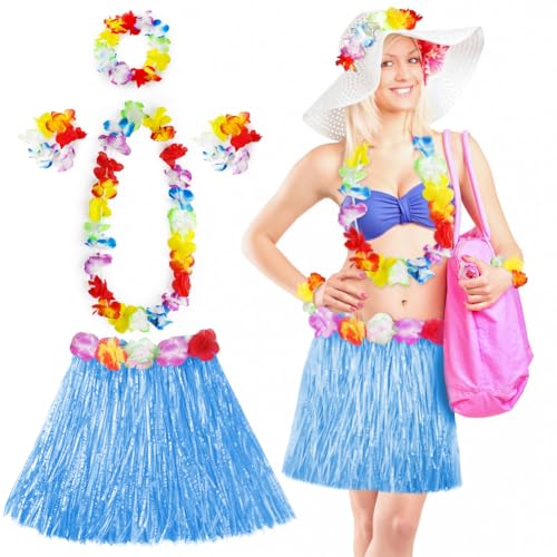 Aomig Hawaii Mottoparty Kostüme Set Rock, Hawaiian Gras Hula Rock Sets, 40cm Lange Hawaiianischer Grasrock mit Halskette Armbänder Haarblume Grasröcke für Cheerleading Strand Party Ostern (Blau) von Aomig