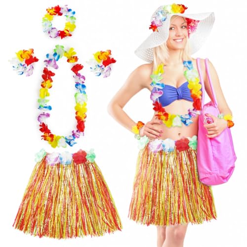 Aomig Hawaii Mottoparty Kostüme Set Rock, Hawaiian Gras Hula Rock Sets, 40cm Lange Hawaiianischer Grasrock mit Halskette Armbänder Haarblume Grasröcke für Cheerleading Strand Partys Ostern(Farbe) von Aomig