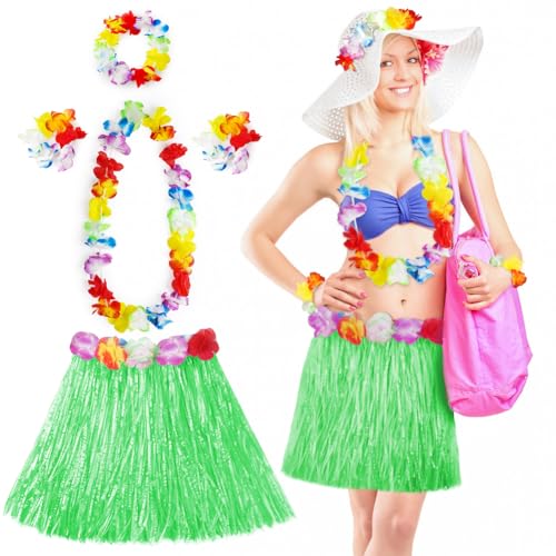 Aomig Hawaii Mottoparty Kostüme Set Rock, Hawaiian Gras Hula Rock Sets, 40cm Lange Hawaiianischer Grasrock mit Halskette Armbänder Haarblume Grasröcke für Cheerleading Strand Partys Ostern (Grün) von Aomig
