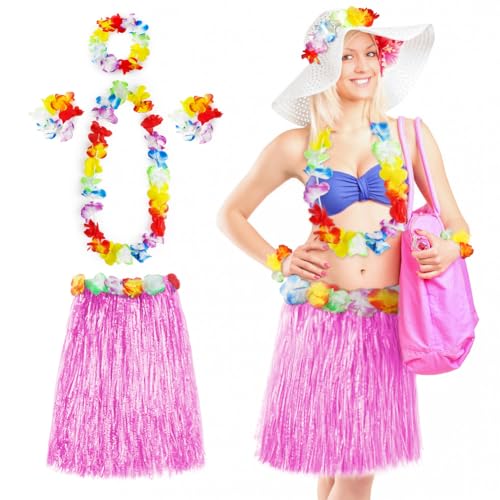 Aomig Hawaii Mottoparty Kostüme Set Rock, Hawaiian Gras Hula Rock Sets, 60cm Lange Hawaiianischer Grasrock mit Halskette Armbänder Haarblume Grasröcke für Cheerleading Strand Party Ostern (Rosa) von Aomig
