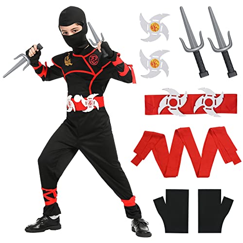 Aomig Jungen Ninja Kostüm Kinder, Ninja Anzug Jungen Mädchen, Kinderkostüm Ninja Set Schwarz Rot, Ninja Zubehör Kostüm für Halloween Verkleidung Karneval Party Cosplay Dress Up von Aomig