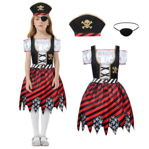 Aomig Kinder Piraten Kostüm, 3 Pcs Piraten Kostüm mit Zubehör Piratenhut Pirat Augenklappe, Piraten Outfit Mädchen Dress Up Set für Halloween Karneval Geburtstag Cosplay, S von Aomig