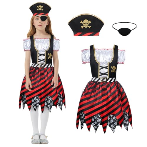 Aomig Kinder Piraten Kostüm, 3 Pcs Piraten Kostüm mit Zubehör piratenhut Pirat Augenklappe, Piraten Outfit Mädchen Dress Up Set für Halloween Karneval Geburtstag Cosplay, S von Aomig