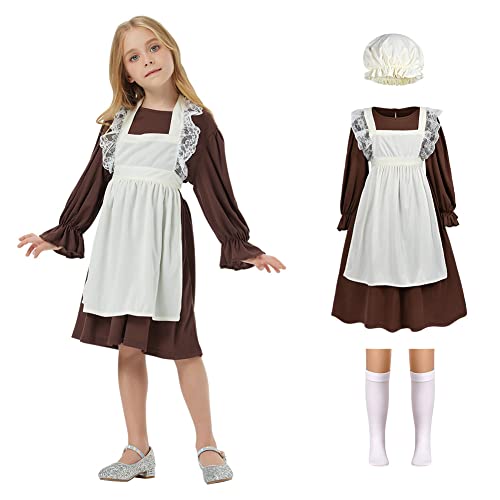 Aomig Maid Dress, Braun French Maid Outfit Viktorianisch für Mädchen, 4 Pcs Dienstmädchen Kostüm mit Stirnband Strümpfe und Weiße Schürze, Maid Kostüm Cosplay für Halloween Fasching Party(L) von Aomig