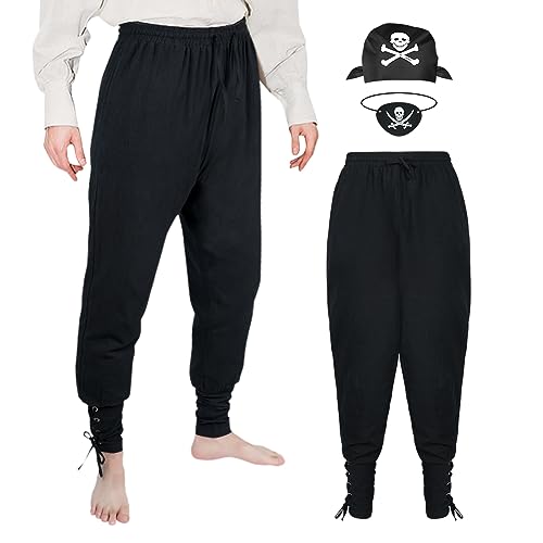 Aomig Mittelalter Hose Herren, Vintage Leinenhose Freizeithose mit Taschen und Schnürung, Mittelalter Kleidung Renaissance Piratenhose Cosplay Kostüm Lang Hose Herren （M） von Aomig