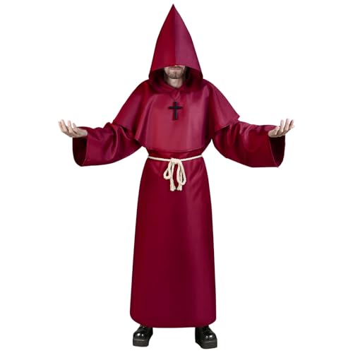 Aomig Mönch Robe Prister Gewand Männer, Mönchskutte Mittelalter Cape, Klassisches Mittelalterkostüm Hooded Renaissance Priester Robe Weihnachtsfeier Halloween Karneval Cosplay Kostüm (XXL, Dunkelrot) von Aomig