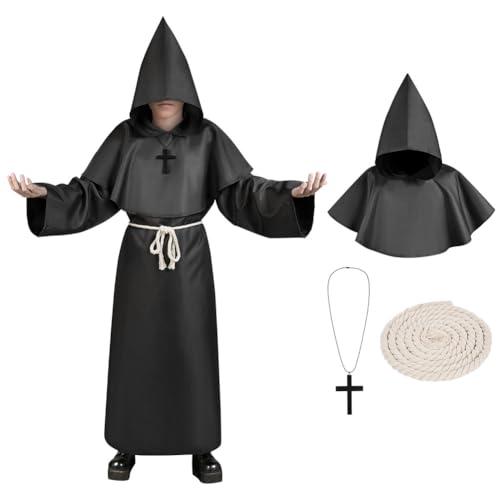 Aomig Mönch Robe Prister Gewand für Kinder, Mönchskutte Mittelalter Cape, Klassisches Mittelalterkostüm Hooded Renaissance Priester Robe Weihnachtsfeier Halloween Karneval Cosplaykostüm (130, Schwarz) Aomig Mönch Robe Prister Gewand für Kinder, Mönchskutte Mittelalter Cape, Klassisches Mittelalterkostüm Hooded Renaissance Priester Robe Weihnachtsfeier Halloween Karneval Cosplaykostüm (130, Schwarz) von Aomig