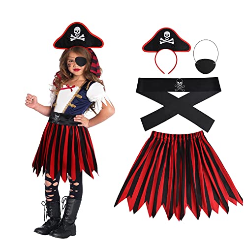 Aomig Piratenkostüm Kinder, 4Pcs Piratenkostüm Zubehör mit Pirat Augenklappe Headband Belt, Piraten-Rollenspiel-Kits Mädchen, Pirat Kinderkostüm Cosplay für Karneval Verkleidung Halloween (L) von Aomig