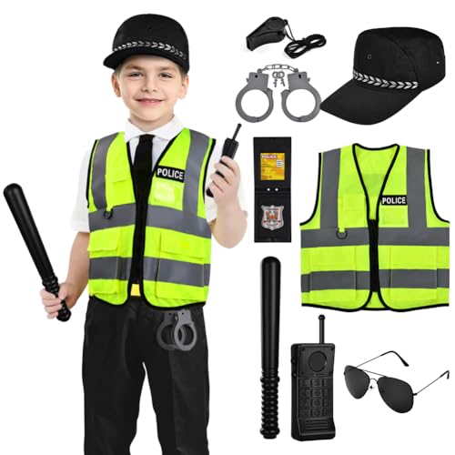 Aomig Polizei Kostüm für Kinder - 8 Stück Zubehör, Deluxe Polizistenkostüm, Karneval Verkleidung für Rollenspiele, Halloween, Festival-Cosplay von Aomig