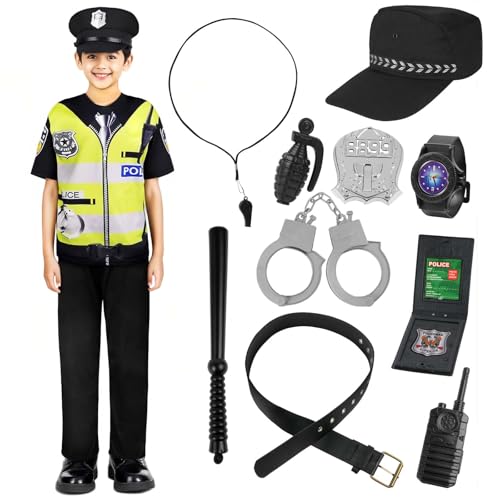 Aomig Polizei Kostüm Kinder 11 Stück Polizeikostüm Set mit Polizei-Hut Gürtel Handschellen Polizeizubehör Deluxe Polizistenkostüm für Jungen Kostüm Verkleidung für Halloween Festival Cosplay (S,Grün) von Aomig