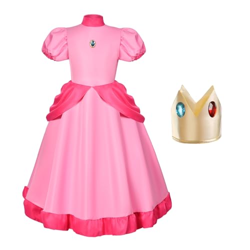 Aomig Princess Peach Costume for Girls, 2 Pcs Super Bros Pink Princess Dress Up with Crown & 2 Hair Clips, Pink Princess Peach Outfit, Kids Fairy Peach Princess Dress for Cosplay Halloween von Aomig