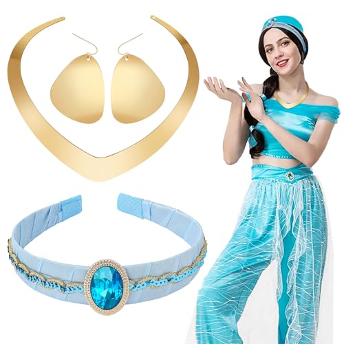 Aomig Prinzessin Aladdin Stirnband Set Mädchen Damen 3Pcs Arabische Prinzessin Kostüm und Zubehör mit Haarreif Halskette Ohrringe Mädchen Prinzessin Jasmin für Cosplay Verkleidung Karneval Halloween Aomig Prinzessin Aladdin Stirnband Set Mädchen Damen 3Pcs Arabische Prinzessin Kostüm und Zubehör mit Haarreif Halskette Ohrringe Mädchen Prinzessin Jasmin für Cosplay Verkleidung Karneval Halloween von Aomig