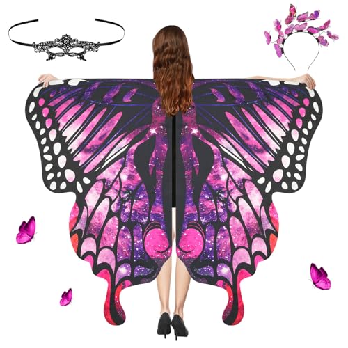 Aomig Schmetterling Kostüm Damen 3Pcs Schmetterlingsflügel Erwachsene Frauen mit Maske Haarreif Bunter Schmetterling Umhang Flügel Nymphe Wing Pixie Kostüm für Halloween Party Cosplay Karneval (Lila) von Aomig
