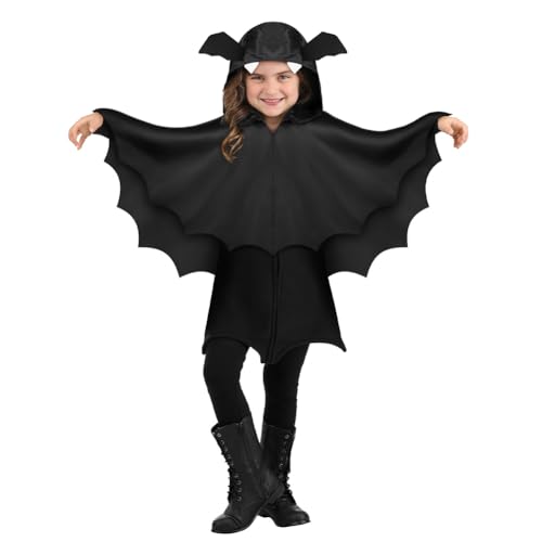 Aomig Schwarz Bat Cape Kostüm für Kinder - Kurzer Fledermaus Umhang mit Kapuze für Halloween, Karneval, Cosplay - Vampir Kostüm für Mädchen und Jungen - 60*115cm von Aomig