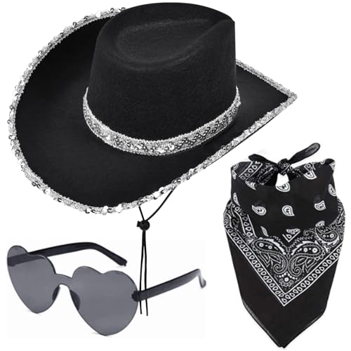 Aomig Schwarz CowboyHut Fashion CowgrilHut Rockstar Randlose Hippie Herzförmige Brille Halstuch Wilder Westen Party Brillen Geburtstagsfeier Fasching Karneval Kostüm Mottoparty JGA Urlaub Herren Damen Aomig Schwarz CowboyHut Fashion CowgrilHut Rockstar Randlose Hippie Herzförmige Brille Halstuch Wilder Westen Party Brillen Geburtstagsfeier Fasching Karneval Kostüm Mottoparty JGA Urlaub Herren Damen von Aomig