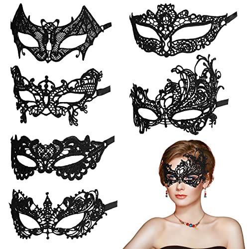 Aomig Spitze Maske, 6 Stück Venezianische Maske Spitze Damen, Schwarz Sexy Lace Augenmaske für Frauen, Augenmaske Maskerade Maske für Halloween Karneval Abendkleid Tanz Ball Party von Aomig
