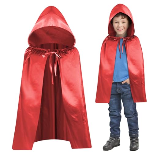Aomig Umhang Vampir Umhang Kinder Erwachsene Jedi Mantel Mittelalter Umhang Kapuze Unisex Scream Cape Kostüm Damen Halloween Costume Maskerade Familienfeier Karneval Cosplay Kurzer Roter Umhang (60cm) von Aomig