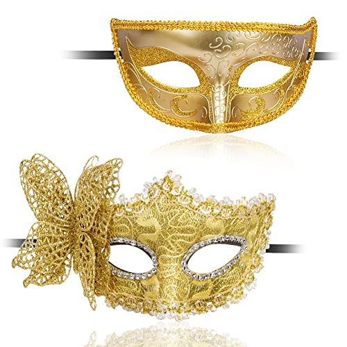 Aomig Venezianische Maske, 2 Stück Maskerade Augenmaske für Damen Herren, Sexy Katzenmaske Masken für Fasching Maskenball Karneval Abendkleid Party (Gelb) von Aomig