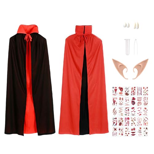 Aopskumd Vampir Umhang und Kostüm Set Mit Kragen, Zähnen, Elfenohren und Tattoo-Aufklebern für Halloween & Karneval - Für Kinder und Erwachsene (150cm) von Aopskumd