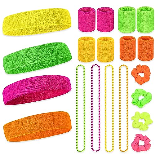 Aoreun Neon Schweißband Set, 80er 20 Stück Jahre Schweißband 4 Farben Absorbierendes Sportstirnband mit Armband Retro Party Accessoires für Laufen Radfahren Karneval Kostüme Dekoration von Aoreun