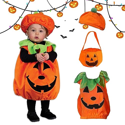 Aoreun halloween Kürbis Kostüm kinder, Kinder Halloween Kürbis Kostüm mit Kürbiskorb und Hut, halloween süssigkeiten beutel Karneval Fasching Kostüme Cosplay Bekleidung mädchen jungen（M-Code） von Aoreun