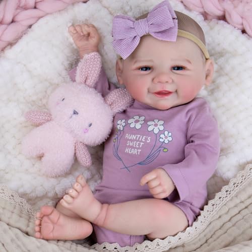Aori Lebensechte Reborn-Babypuppen – 50,8 cm, realistisches lächelndes Mädchen, Neugeborene, Babypuppe mit beschwertem Körper zum Kuscheln, bewegliche weiche Vinyl-Gliedmaßen mit violettem Outfit-Set von Aori