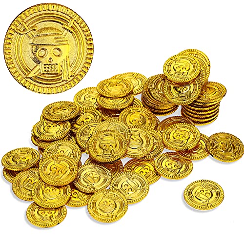 Aoriher 50 Stücke Plastik Münzen Kinder Piraten Münzen Piraten Schatz Gefälschte Münzen Piraten Schatzsuche Truhe Münze für Kinder Piraten Schatzsuche Party Taschen (1 x 1 x 0,07 Zoll, Gold) von Aoriher