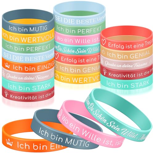 Aoriher 24 Stück Motivationsarmbänder auf Deutsch 20,3 cm Inspirierende Silikon Armbänder mit Positiven Sprüchen Motivierendes Silikonarmband Mutmacher Geschenk für Kollegen Teenager(Bunt) von Aoriher