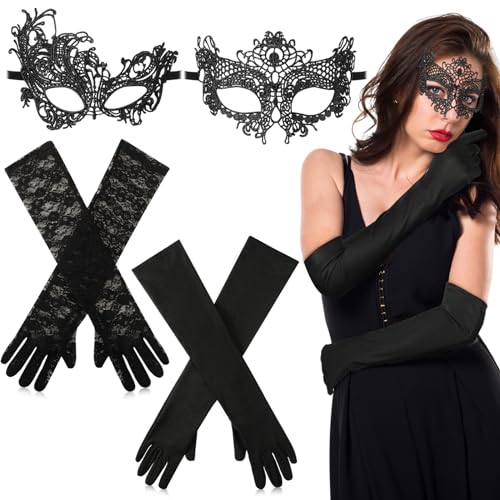 Aoriher 4 Stück Maskerade Masken für Damen Lange Schwarze Handschuhe Set Retro Spitzen Augenmaske Venezianische Maske Lange Spitzen Handschuhe Abendhandschuhe für Maskenball Verkleidung Accessoires von Aoriher