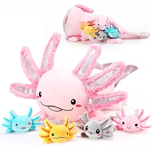 Aoriher 5 Stück Axolotl Plüschtiere Set - 60 cm Mama Stofftier Mit 4 Süßen Plüsch Babys im Bauch - Weiches Flauschiges Kuscheltier für Jungen Mädchen Geburtstag Party Geschenk von Aoriher