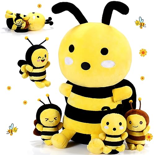 Aoriher 5 Stück Bienen Kuscheltiere 1 Große Plüsch Biene und 4 Süße Plüsch Baby Bienen Weiche Plüsch Bienen für Geburtstag Geschenke Babyparty, Bienentag Bienen Themen Party Dekorationen von Aoriher