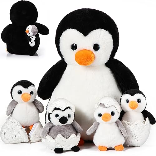 Aoriher 7 Stück Pinguin Kuscheltier Set 35 cm Pinguin Stofftier Mama Und Babys Mit 2 Eiern Weiches Kuscheliges Plüschtier Pinguins Geschenke Für Jungen Mädchen Kinder Schüler von Aoriher