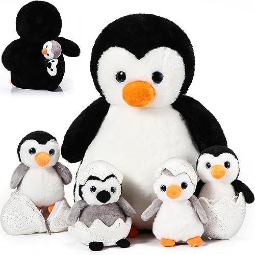 Aoriher 7 Pinguin Plüschtiere Set 35 cm Mama Pinguin Stofftier und Plüsch Pinguin Babys mit 2 Eiern Weich Pinguin Kuscheltiere für Kinder Schlafende Geburtstagsgeschenke Babyparty Partygeschenke von Aoriher