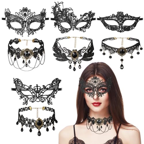 Aoriher 8 Stück Maskerade Kostüm Set inklusiv 4 Stück Spitzen Maskeraden Augenmasken Venezianische Masken 4 Stück Flexible Gotik Spitzen Halsketten Viktorianische Retro Halsketten für Damen Karneval von Aoriher