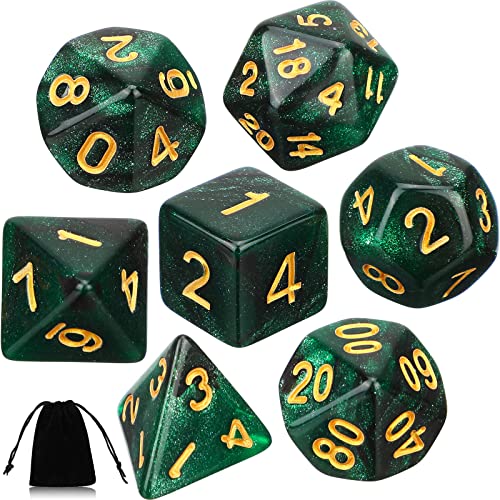 Aoriher 7 Stück Polyedrische Würfel Set mit Tasche Kompatibel mit Dungeons and Dragons Rollenspiel Würfel D4 D6 D8 D10 (00-90 und 0-9) D12 D20 für Tisch Spiel Pathfinder DND RPG (Grün Schwarz Nebel) von Aoriher