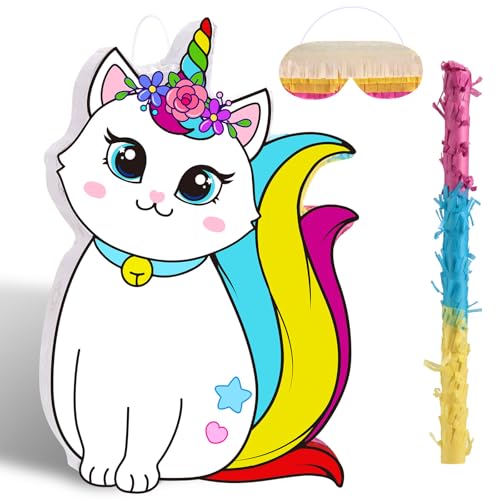 Aoriher Einhorn Katzen Pinata Geburtstag Katzen Pinata mit Augenbinde und Stock Katzenbock für Gastgeschenke Kinder Mädchen Geburtstag Dekoration, 16 x 11 Zoll von Aoriher