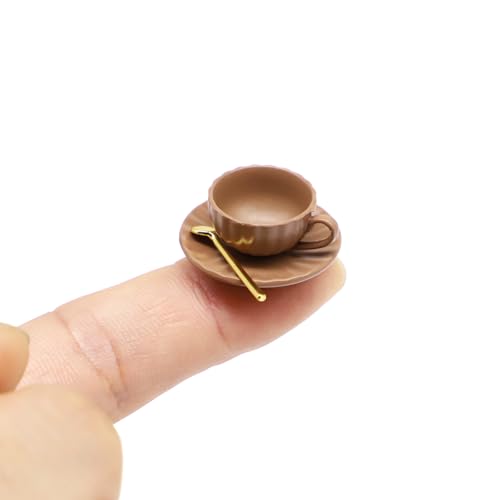 Miniatur-Teetasse, Untertasse, Löffel-Set, Puppenhaus-Zubehör, Mini-Kaffeetassen, Espressotasse, Teetassen-Set für Puppenhaus-Miniaturen, Diorama-Ornament-Zubehör (1 Stück) (braun) von Aorvoras