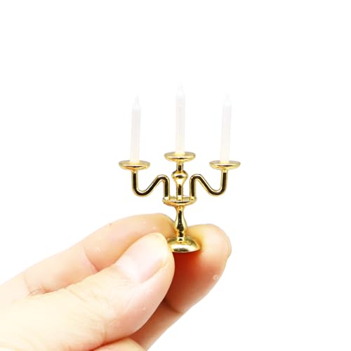 Puppenhaus-Kerzenständer, Miniatur-Kerzenleuchter aus Metall, 1:12 Ess-Kerzenhalter mit 3 Kerzen, für Puppenhaus-Miniaturküche, Feengarten, Diorama (1 Stück) (Golden) von Aorvoras