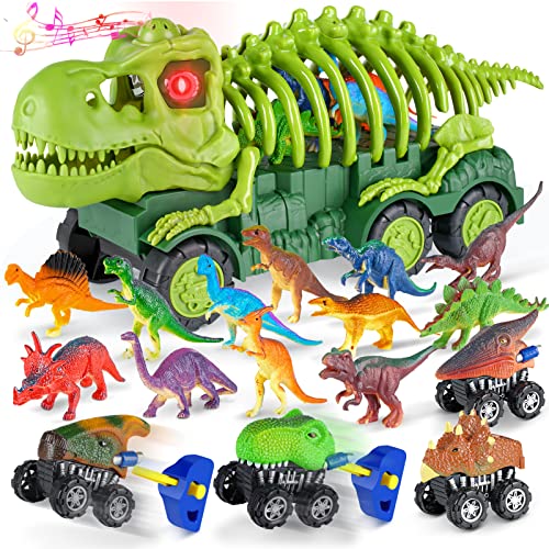 Aoskie Dinosaurier Spielzeug Transport Truck für Kinder ab 3-5 Jahre, LKW Spielzeug mit Lichtern und Tönen, 4 Dino Auto, 12 Dinosaurier Figuren, Geschenk für Jungen Mädchen ab 3 4 5 Jahre von Aoskie