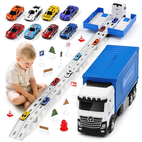 Transport Truck Spielzeugautos für Jungen im Alter von 3, 4, 5, 6 Jahren, tragbares Rennbahn Truck Spielzeugauto mit 6 Rennautos, Transporter Fahrzeug Spielzeug Set für Kinder von Aoskie