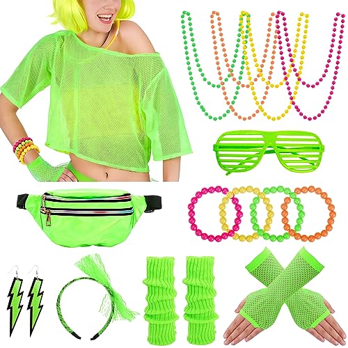 80er 90er Jahre Outfit Damen, Netzshirt 18 tlg. Kostüm Zubehör Set Accessoires Retro,Gürteltasche,Netzhandschuhe,Stirnband,Beinstulpen,Halskette,Armband,Ohrring,Brille,für Karneval Party von Aottom