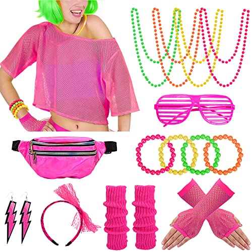 Aottom Neon Netz Shirt 18 St. 80er Jahre Outfit Damen Accessoires 90er Kostüm Zubehör Set Retro,Gürteltasche,Netzhandschuhe,Stirnband,Beinstulpen,Halskette,Armband,Ohrring,Brille,für Karneval Party von Aottom