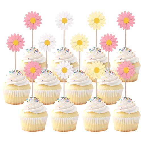 24 Stück Gänseblümchen Tortendeko,Blumen Cupcake Toppers,Gänseblümchen Muffin Deko Hochzeit,Daisy Cupcake Topper,Gänseblümche Tortenaufleger für Hochzeit Baby Dusche Jahrestag Geburtstag Kuchendeko von Apausvcm