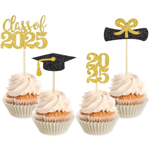 Cupcake-Topper für Abschlussfeier 2025, Glitzer-Cupcake-Topper, Abschlussfeier 2025, Cupcake-Topper, Congrats Grade Cap, Diplom, Cupcake-Picks für 2025 Abschlussfeier, Mottoparty, Kuchendekorationen von Apausvcm