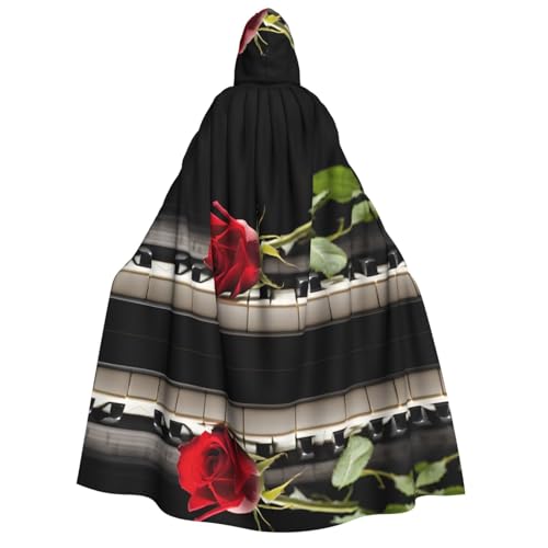 Apbdffjnf (Rote Rose auf Klavier) Druck Erwachsene dicker Kapuzenumhang Unisex Umhang mit Kapuze, Halloween Kapuzenumhang für Damen und Herren, weich und elastisch von Apbdffjnf
