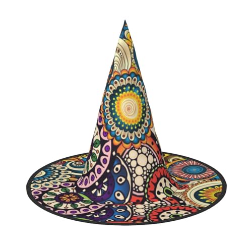 Apbdffjnf Ethnische Kreise Blumenmuster Druck Halloween Hexenhut Spitzer Hexenhut Kostüm Zubehör für Halloween Party Dekoration von Apbdffjnf