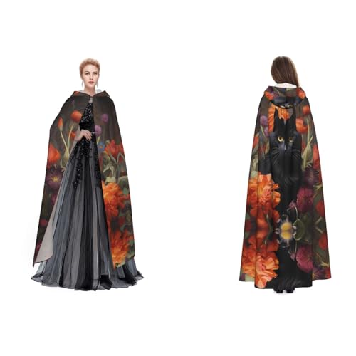 Apbdffjnf Geheimnisvoller Kapuzenumhang mit schwarzer Katze und Blume, für Halloween, Party, Weihnachten, Cosplay von Apbdffjnf