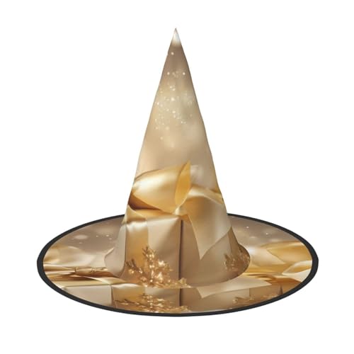 Apbdffjnf Halloween-Hexenhut aus goldfarbener Seide, Weihnachtsdruck, spitzer Hexenhut, Kostümzubehör für Halloween-Party-Dekoration von Apbdffjnf