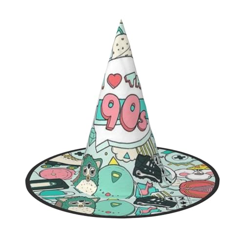 Apbdffjnf I Love The 90s Illustration Print Halloween Hexenhut Spitzer Hexenhut Kostüm Zubehör für Halloween Party Dekoration von Apbdffjnf